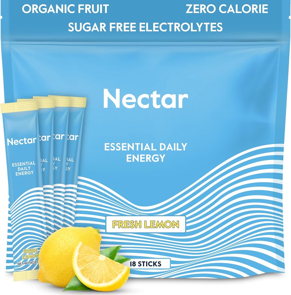 Nectar Energy Booster - 유기 카페인, B12 & Electrolytes - Sugar Free & Zero Calorie - 건강한 커피, 에너지 음료 및 소다 대안 - 하이드로 션 & 에너지 보충 (레몬 18 분말 패킷)