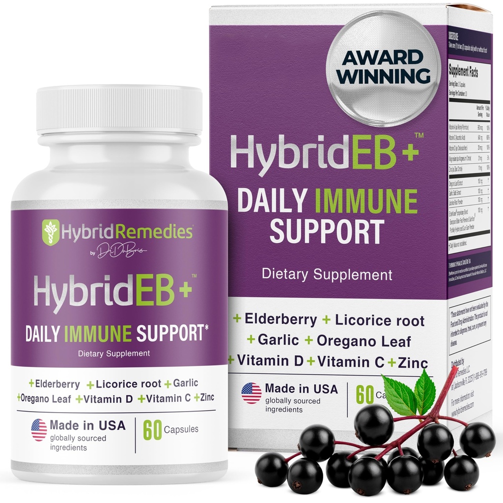 HybridEB Sambucus Elderberry Immune 지원 비타민 C, 아연, 비타민 D3 - 산화 방지제 & 면역 보충교재, 1 달 공급 - 9에서 1 까만 Elderberry 아이와 성인 - 60의 캡슐
