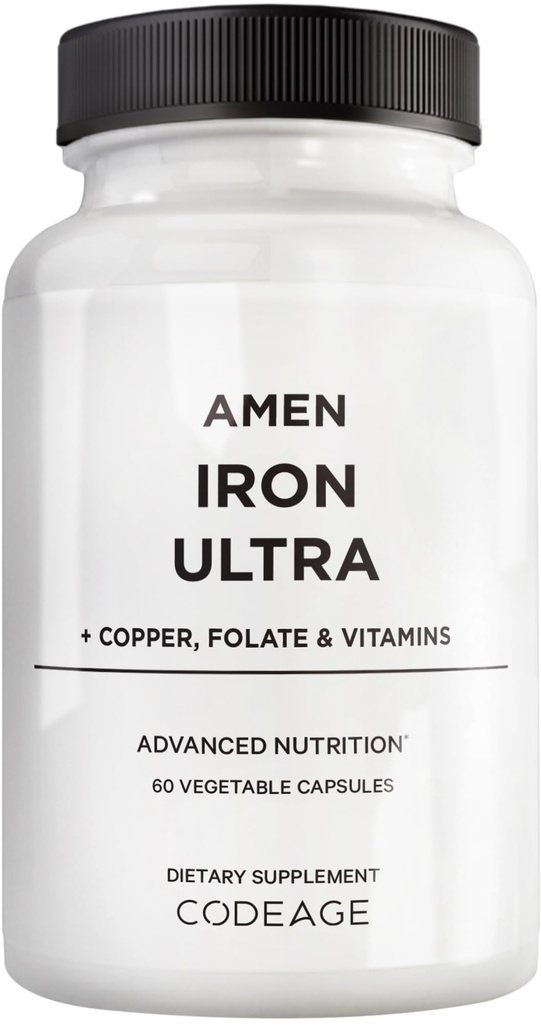 Amen Iron Ultra Supplement + 구리, Folate, 비타민 C 및 B12-2-Month 공급 - Ferrous Sulfate Iron Vitamin - 65mg Per 서빙 - Folic Acid - Non-GMO 알약 - 60 캡슐