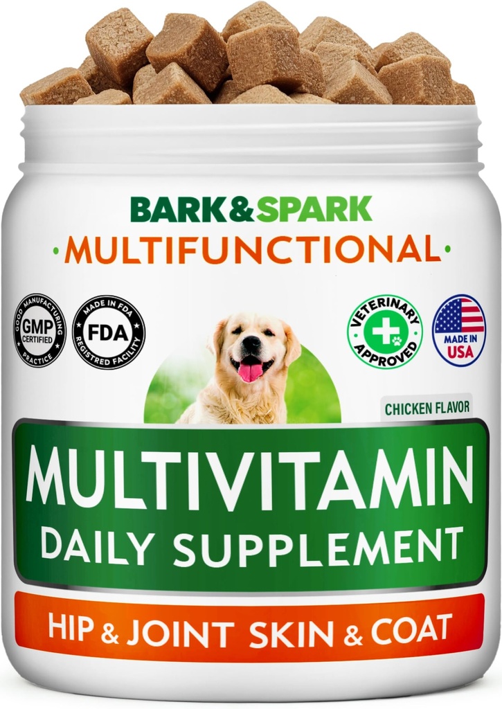 BARK&SPARK Dog Vitamins & Supplements - 개를위한 Multivitamin Chewable 치료 - 관절 지원을위한 Glucosamine Chondroitin + 피부 및 코트 + Probiotics - 애완 동물 건강을위한 멀티 비타민 - 120Ct