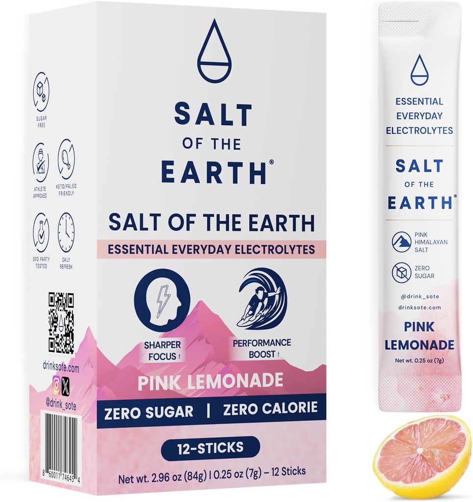 The Earth Premium Zero-Sugar Electrolyte의 소금 - 핑크 히말라야 소금 - 히드라이즈 분말 패킷 | 프리미엄 성분 | Keto & Paleo Friendly | 12 스틱, 핑크 레몬