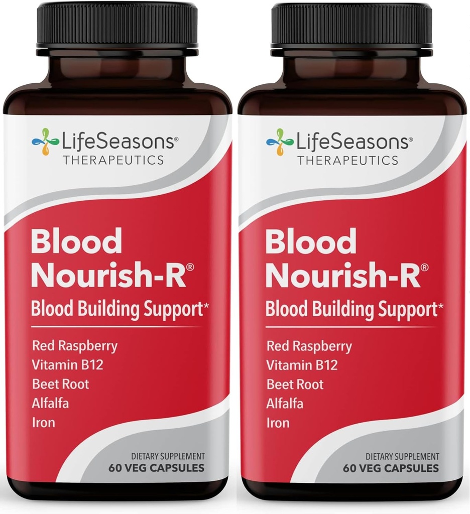 LifeSeasons Blood Nourish-R - Iron Supplement - Non Constipating - 지원 Anemia, 피로, Paleness & Dizziness - 혈액 빌딩 - 철, Alfalfa, 라즈베리 및 비타민 B-12-60 캡슐 (팩 2)