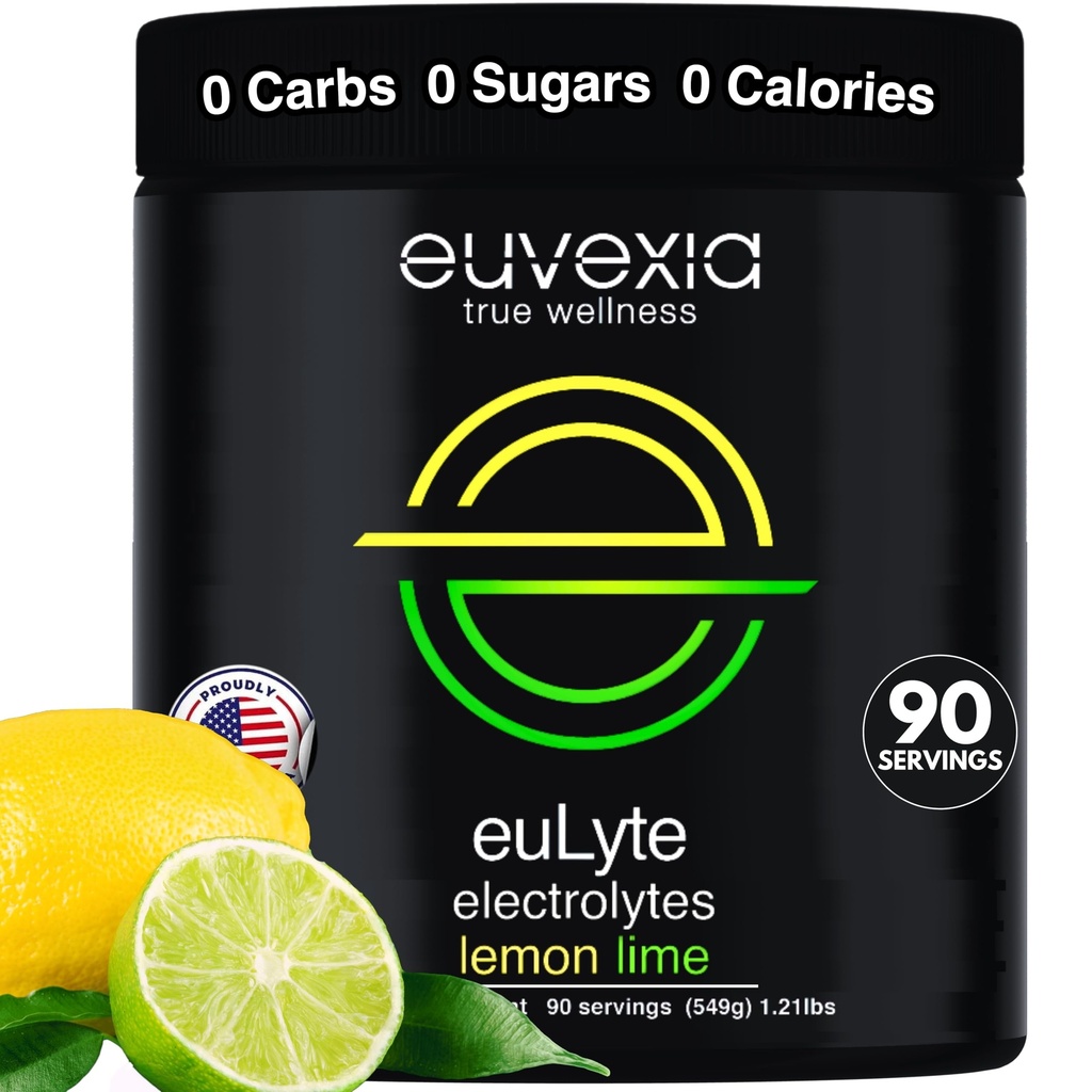 Ekberg euLyte Instant Hydration Electrolytes Powder Zero Sugar Carb Calorie Lemon Lime Drink Mix • 80 + Mineral Magnesium Potassium 칼슘 Trace Minerals • 빠른 Keto Stevia • 90 서빙