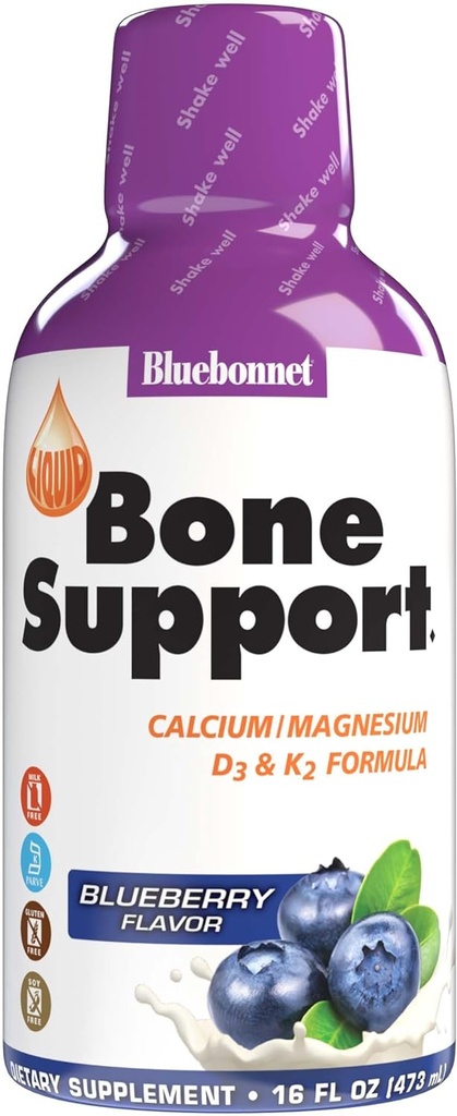 Bluebonnet 영양 액체 뼈 지원 칼슘 시트레이트, 마그네슘 시트레이트, 비타민 D3, K2, 뼈 건강, 비 GMO, 글루텐 무료, 콩 무료, 우유 무료, kosher, 32 서빙, 블루 베리 맛, 16 Fl Oz (팩 1)