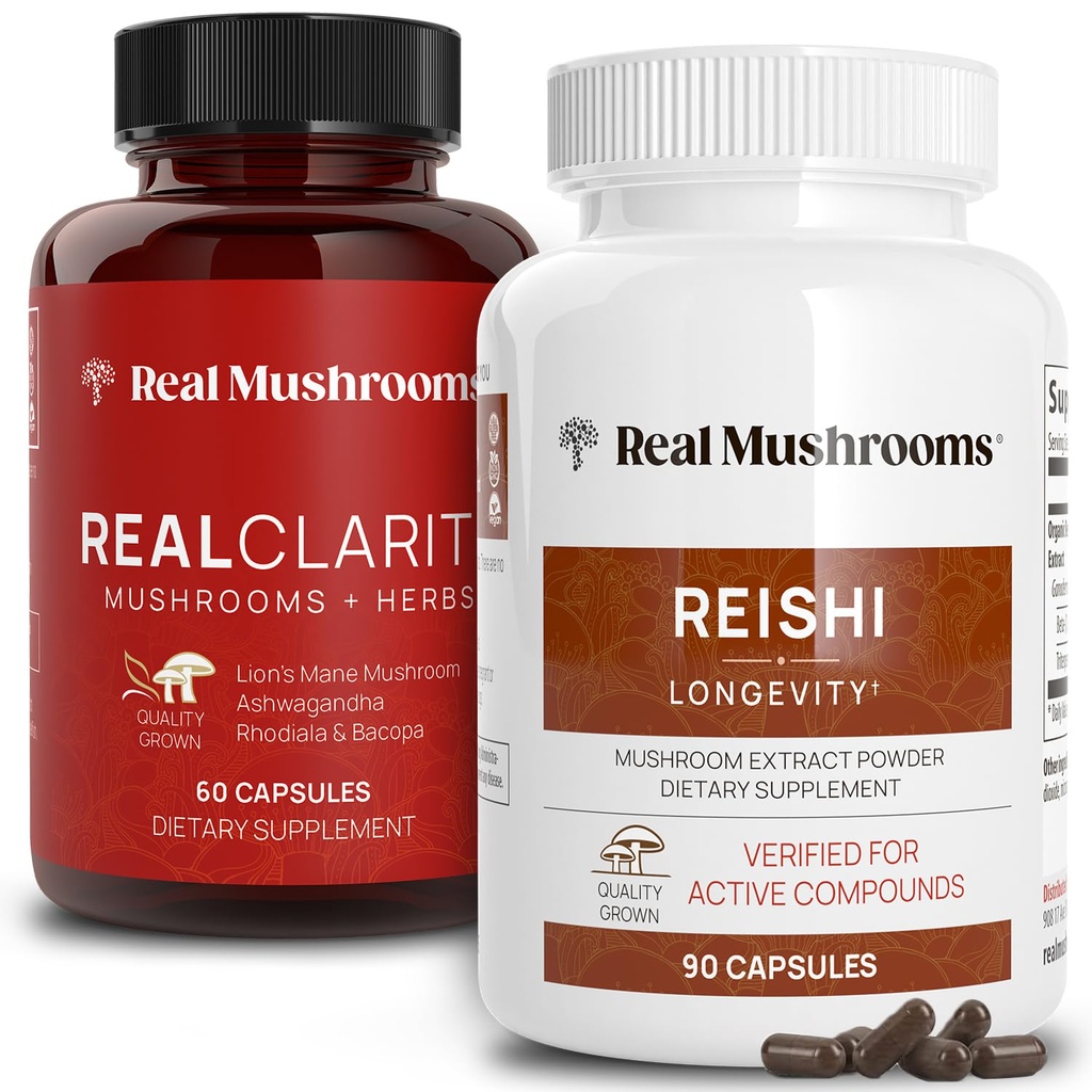 Real Mushrooms RealClarity (60ct) 및 Reishi (90ct) 캡슐 번들 - Mental Clarity, Focus, Relaxation, Sleep & Longevity를위한 버섯 보충 - 베타 글루칸의 검증 된 수준