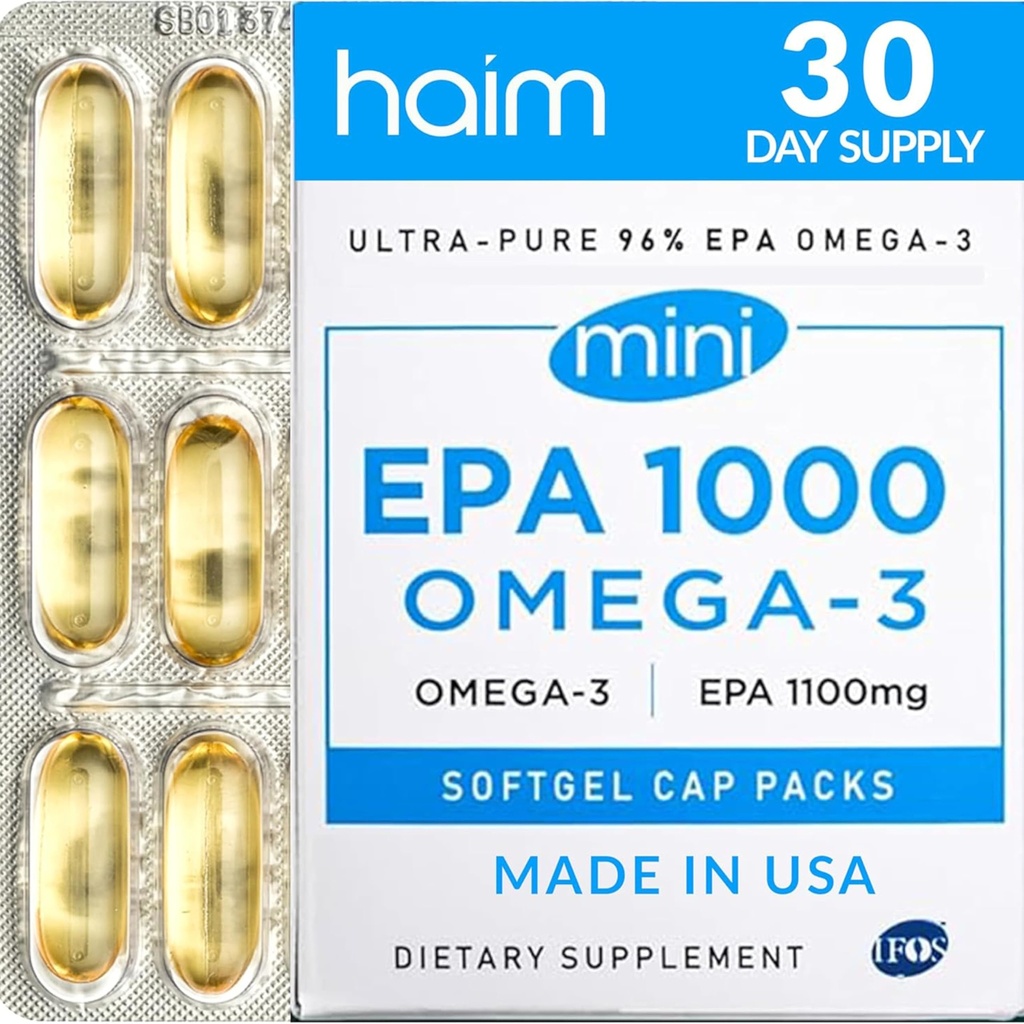 HAIM EPA1000 MINI – 순수한 EPA 물고기 기름 보충교재 – 심장, 뇌 & 합동 건강을 위한 1,100mg Omega-3 – 높은 Potency, Burpless Softgels – 작고, 사용하기 편한 캡슐 – 60 Softgels – 미국에서 만드는