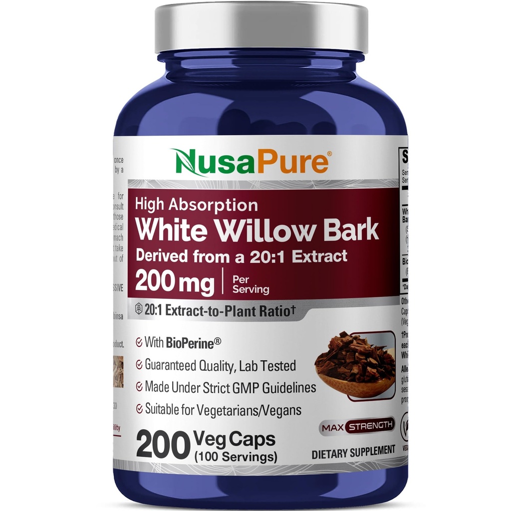 NusaPure 백색 Willow Bark 20:1 추출물, 4000mg, 200 Veggie 캡슐, 최대 힘, (비 GMO, 채식주의자)와 동등한 200 mg
