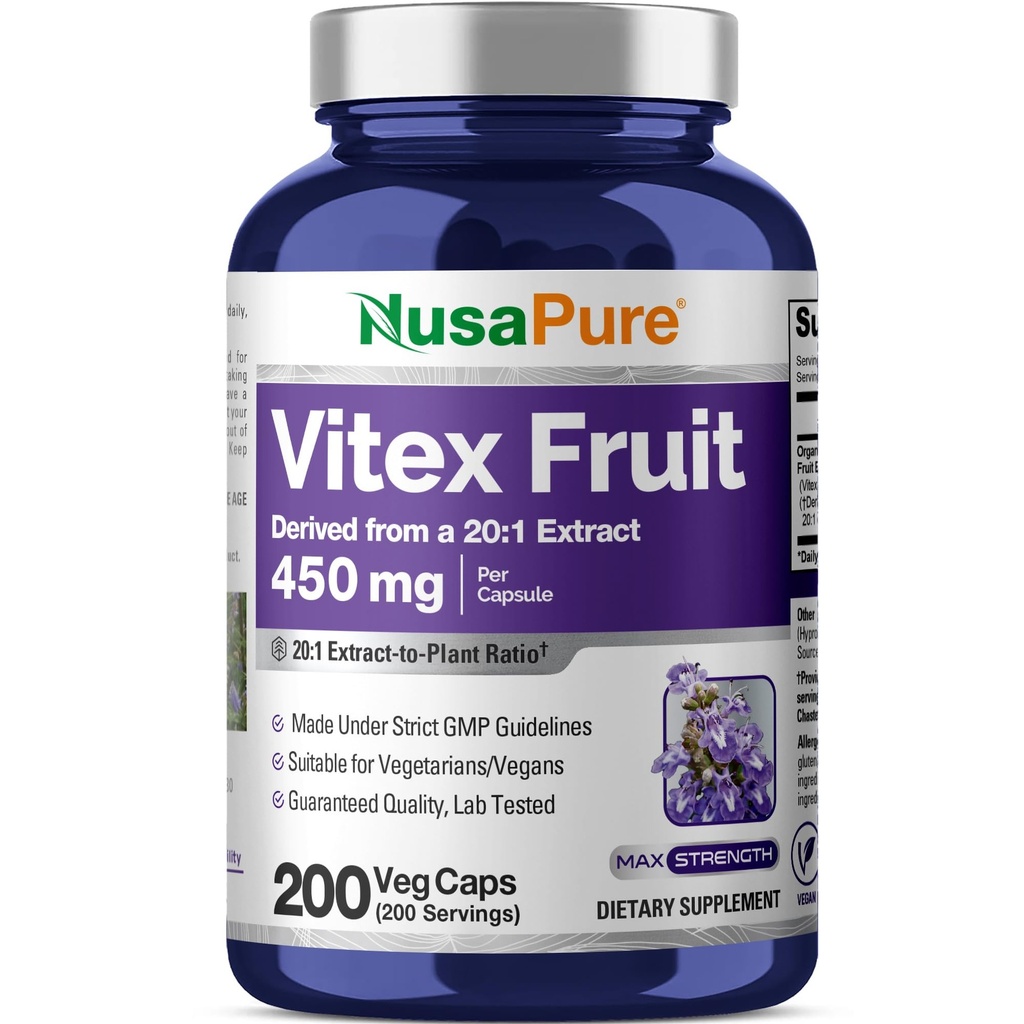 NusaPure Vitex Chasteberry 과일 20 : 1 추출물, 9,000 mg 200 Vegan 캡슐과 동등한 450 mg - 비 GMO, Vegan Dietary 보충교재