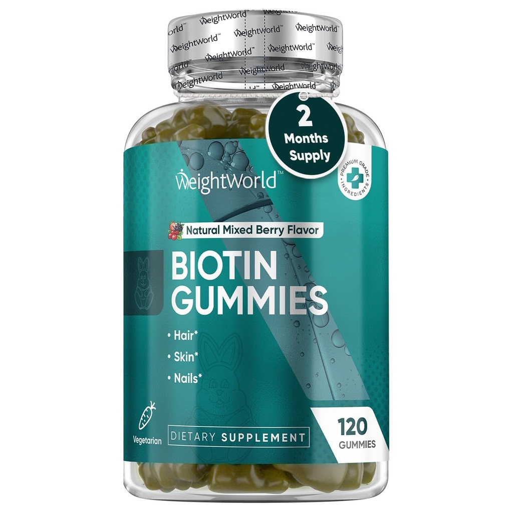 Hair, Skin & Nails 5000mcg - 120 Count (60 서빙) - 여성 및 남성을위한 Biotin 보충제 - 자연 혼합 Berry flavored Biotin Gummy - 채식 및 제 3 자 시험
