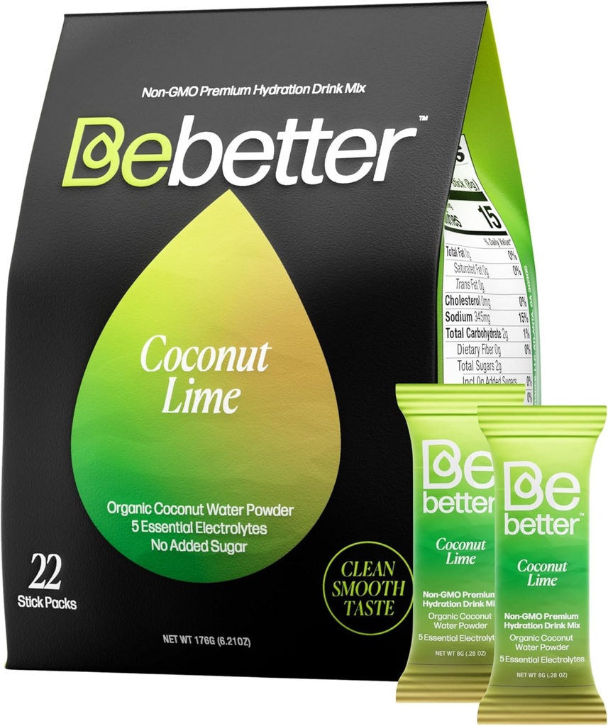 Bebetter Organic Electrolytes Powder Packets | 매일 Electrolyte Drink Mix | 유기농 코코넛 워터 | 인공 향료 없음 | 슈가프리 히어링 패킷 | 비 GMO | 22 Sticks Pack (Coconut and Lime)