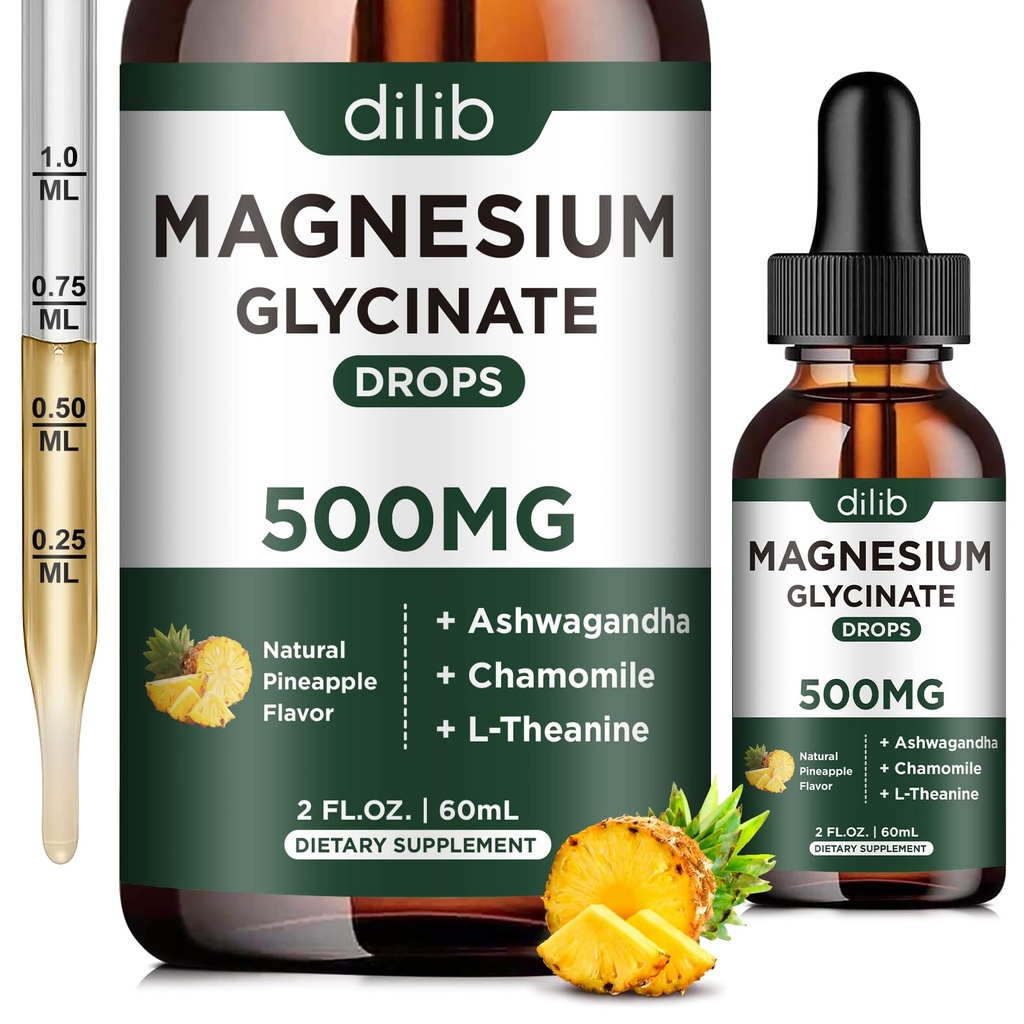 마그네슘 글리세라이드 500mg - 액체 마그네슘 드롭, Ashwagandha, L - Theanine, Chamomile - Calm & Stress Relief, Relaxation, Restful Sleep, 근육 심장 건강, Vegan - 2 Fl Oz (30 일)