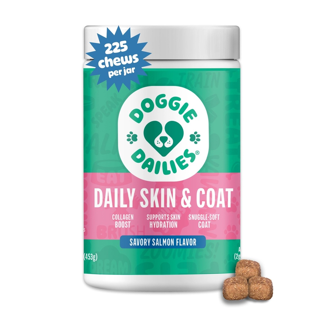 Doggie는 피부 & 외투 보충교재 지원, 교원질, Omega 3, Krill 기름, Biotin, & Dogs (Salmon) 225 연약한 Chews를 위한 야자열매 기름을 가진 개 피부와 외투를 위한 살몬 기름