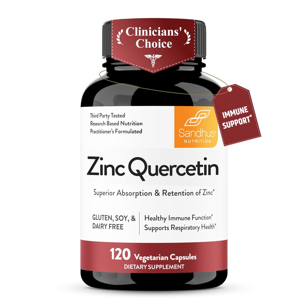 Sandhu의 아연 Quercetin 120 채식 캡슐 (팩 1) | 면역 및 계절 알레르기를위한 높은 흡수 Zink 보충제 | 남성과 여성을위한 산화 면역 보조 면역 지원 | 삼키기 쉬운