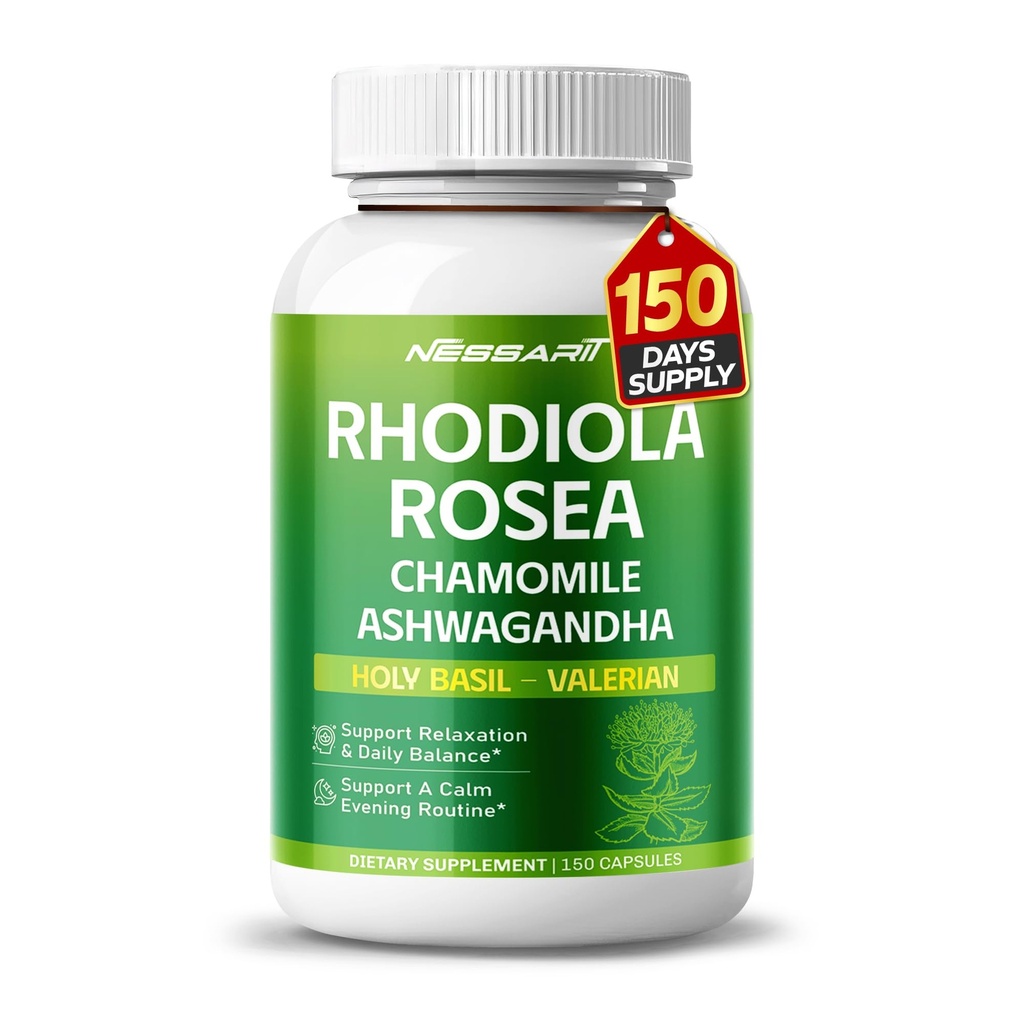 RHODIOLA ROSEA Supplement- 11-in-1 자연 혼합 Chamomile L-Theanine Ashwagandha Holy Basil Valerian Passionflower - 150 카운트 - 미국에서 제작 및 테스트