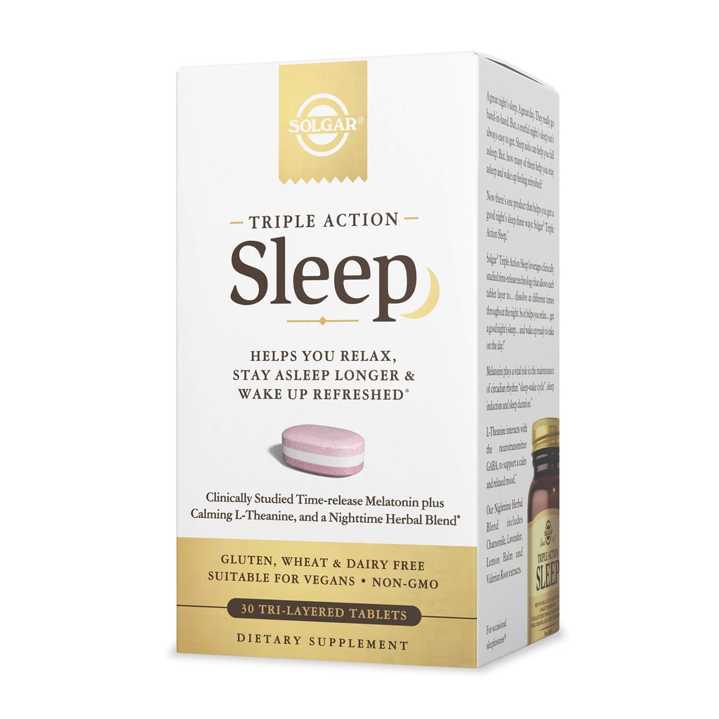 Solgar Triple Action Sleep, 30 Tri-Layer Tablets - Time-Release Melatonin & L-Theanine Plus Herbal Blend - 당신이 휴식을 취할 수있는 도움말, 가을 Asleep Fast & Stay Asleep Longer - Non-GMO, 글루텐 무료 - 30 서빙