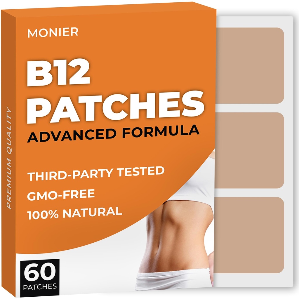 B12 Patch (Pack of 60) - 여성과 남성을위한 100 % 천연 패치 - 펌핑, 에너지, 초점 및 바디 지원 - 향상된 공식
