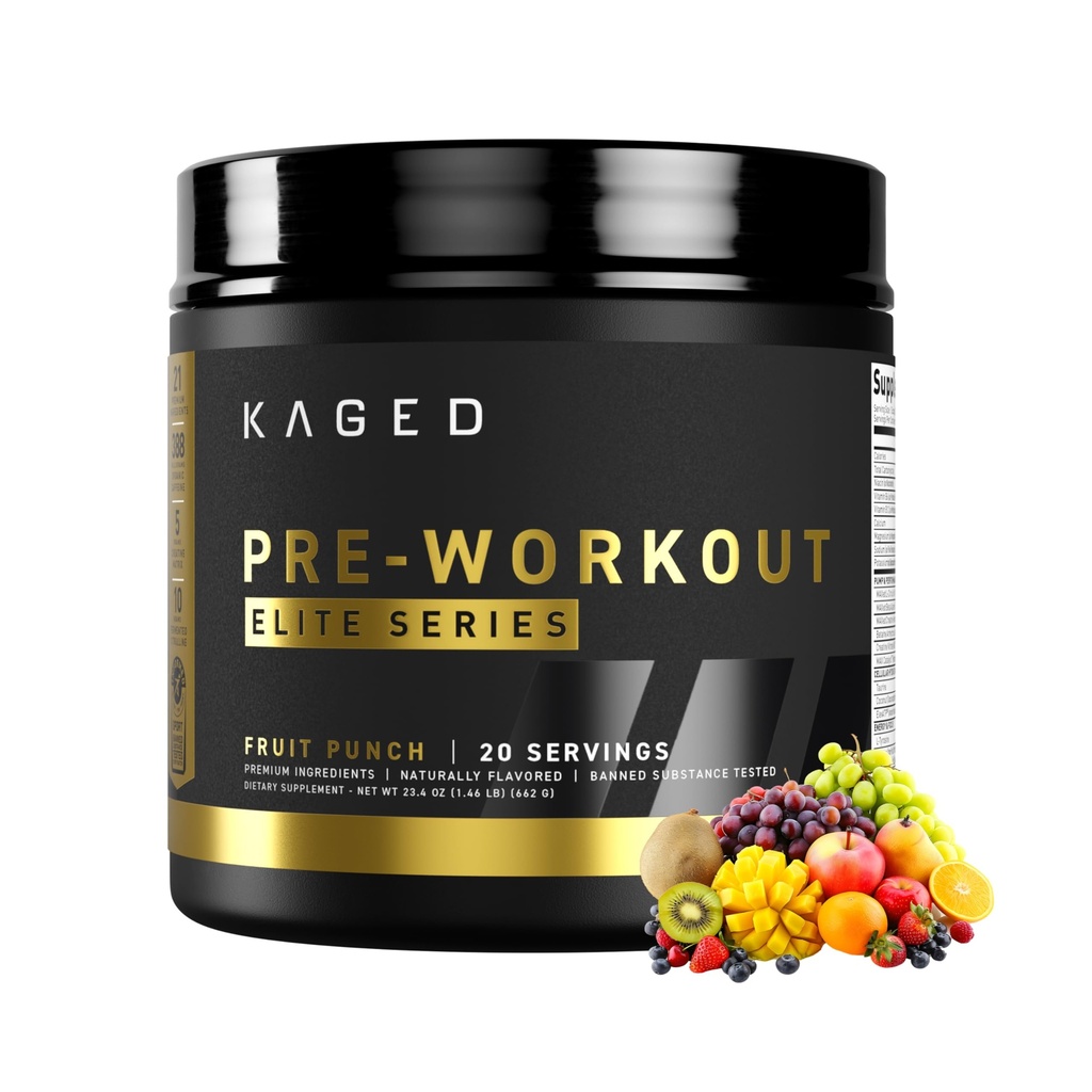 Kaged Pre Workout Elite Powder | 과일 펀치 | Creatine, Beta Alanine, L-Citrulline, BCAA를 사용한 사전 운동 | 388 mg 유기농 카페인 | 남성용 사전 보조제 | 20 인분
