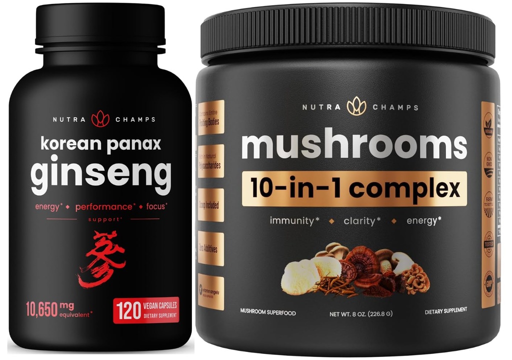 NutraChamps 10-in-1 버섯 분말 & Ginseng - 궁극적인 에너지, 체력 & Cognition 지원 번들.