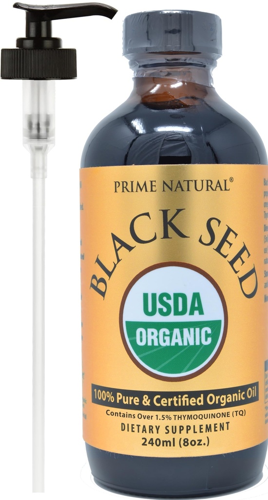 PRIME NATURAL 유기 블랙 씨 오일 8oz | 냉 압착 Unrefined High Thymoquinone 1.7% USDA 인증 | 터키어 근원 유력한 순수한 Nigella Sativa 액체 | Vegan Omega 3 6 9, 산화 방지제