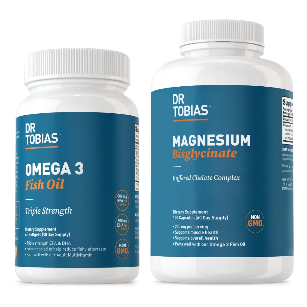Tobias Omega 3 물고기 기름 & 마그네슘 Bisglycinate 보충교재, 높은 흡수, 지원 심장, 뇌, 면역력, 에너지, 근육, 뼈 & 합동 건강, 비 GMO