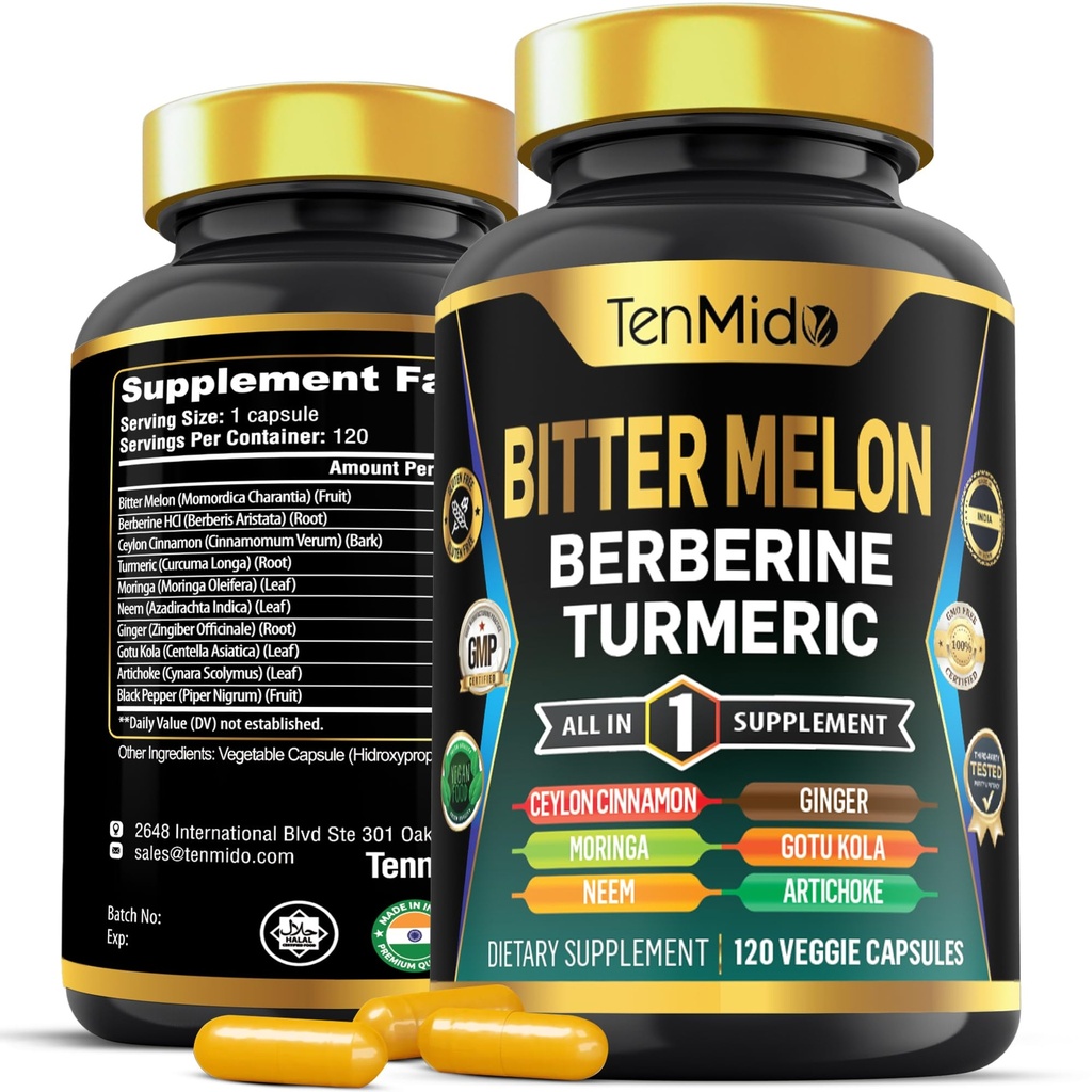 Bitter Melon 캡슐 - 10in1 공식 - Berberine, Ceylon Cinnamon, Turmeric, Moringa, Neem, Ginger, Gotu Kola, Artichoke 및 Black Pepper와 결합 - 4 개월 공급을위한 120 캡슐