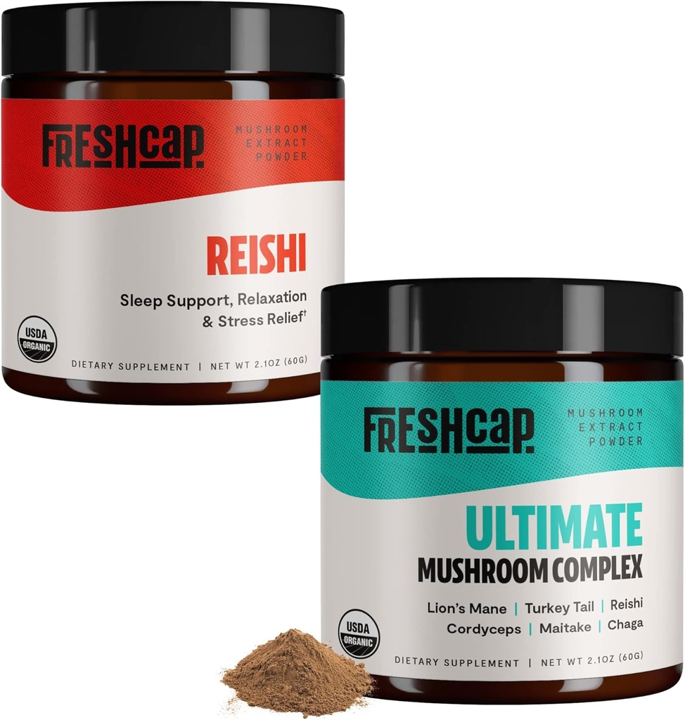 FreshCap Mushrooms 스트레스 번들 (Reishi Powder 및 Ultimate Mushroom Complex Powder)