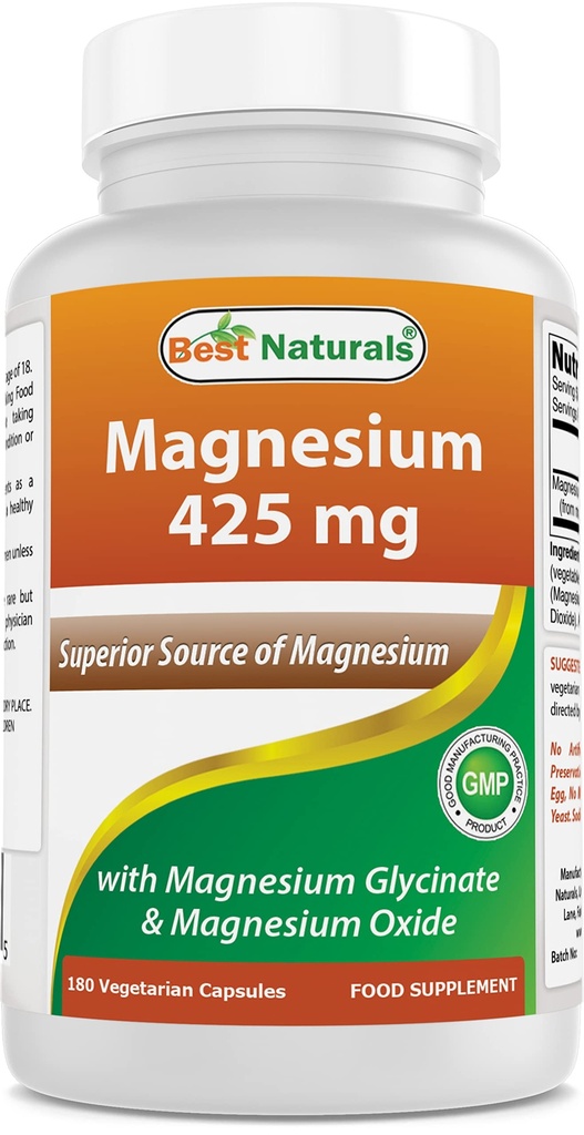 최고의 자연 마그네슘 425 mg 180 Veggie 캡슐 - 높은 흡수 마그네슘 글리세라이드 및 마그네슘 산화물 킬레이트, 비 GMO, 글루텐 무료 근육 휴식 (180 개)