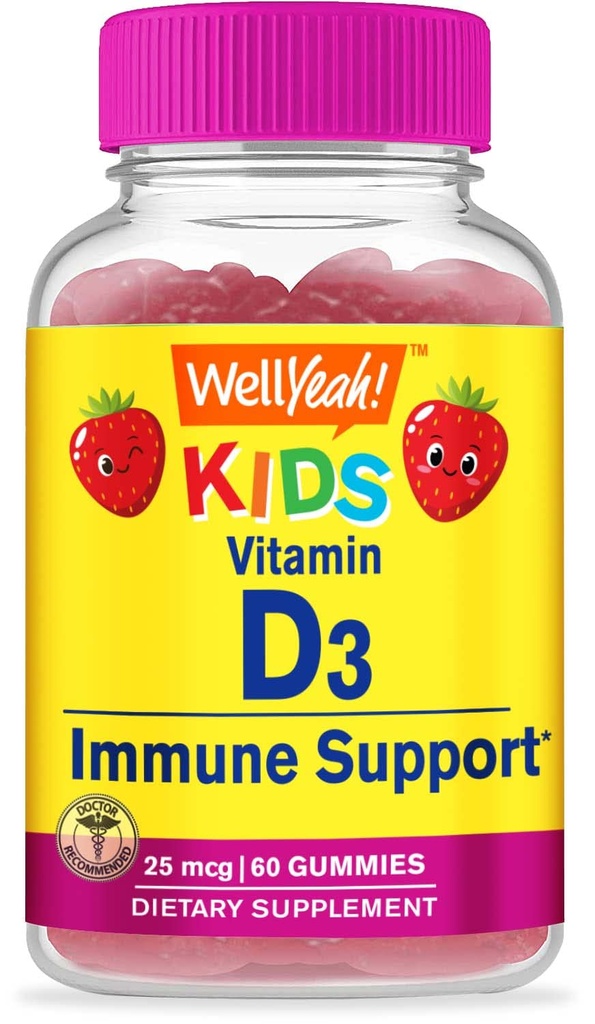WellYeah Kids Vitamin D3 Gummies - 1000 IU (25 mcg) - 뼈 강도와 면역력을 지원합니다 - 비 GMO, 글루텐 - 무료 - 딸기 풍미 - 영양 보충 - 60 서빙