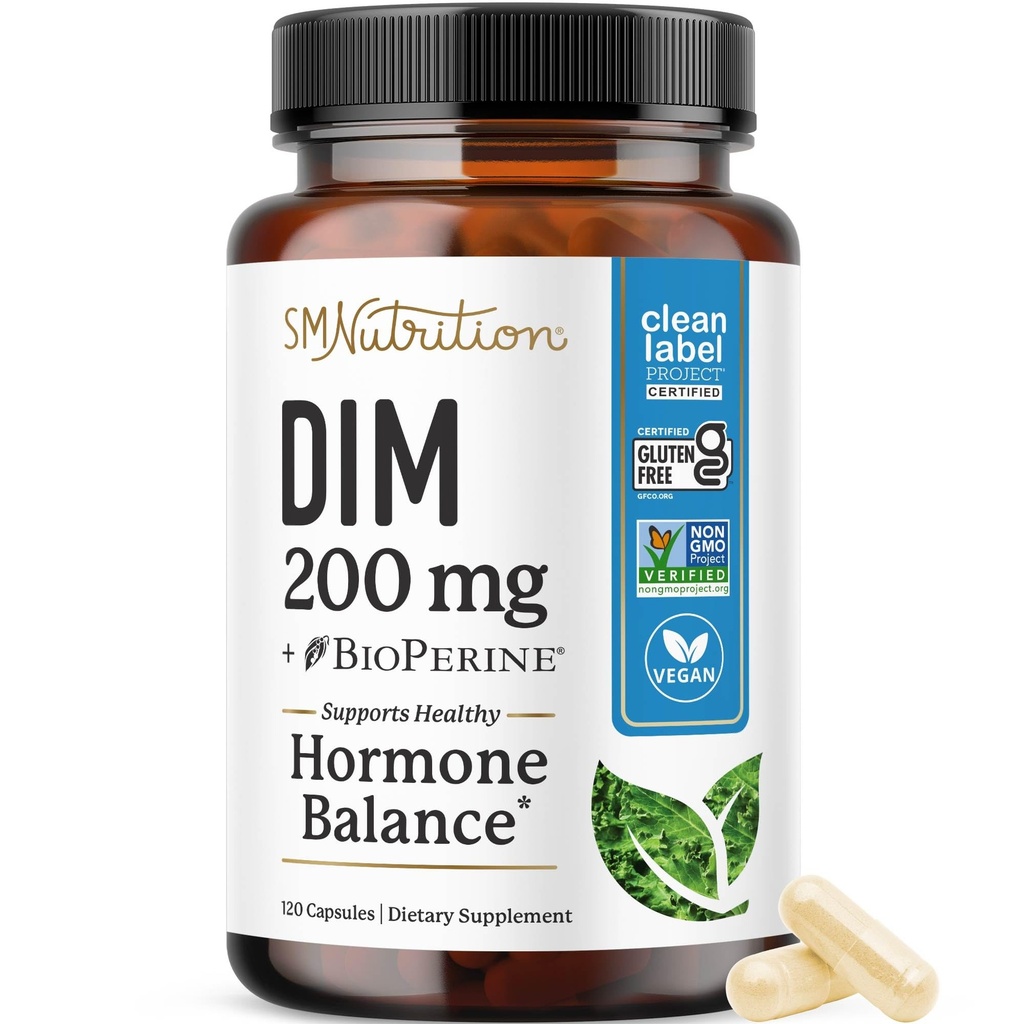 DIM 보충교재 200 mg (120 Ct) | 여자 & 남자를 위한 에스트로겐 균형 | 호르몬 균형, Hormonal 여드름 보충교재, Menopause, 산화 방지제 & PMS 지원 | Non-GMO, Vegan, Soy Free | 4 달 공급