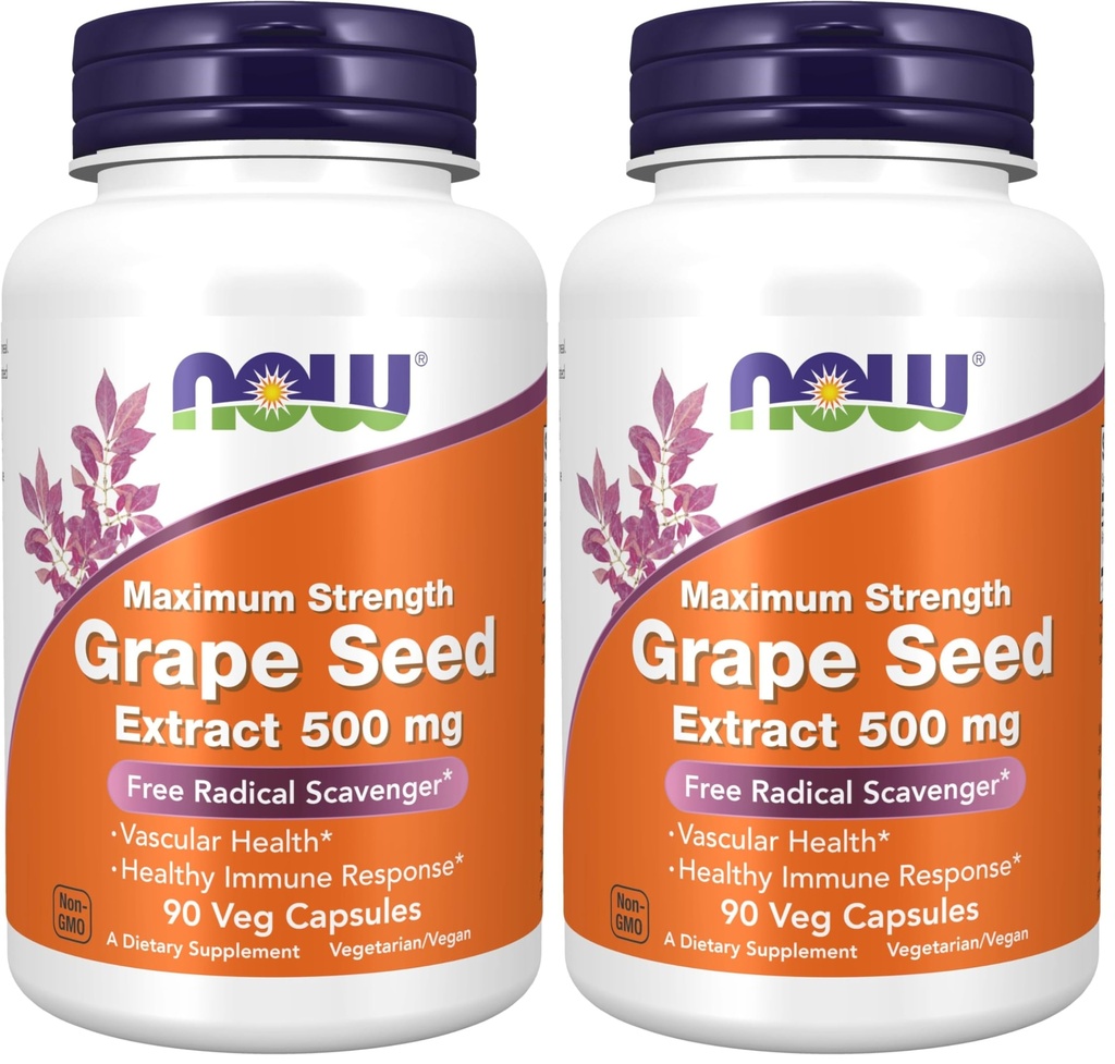 지금 보충 교재, 포도씨 추출물, 최대 힘 500 mg (90% 폴리페놀의 최소한을 가진 높게 집중된 추출물), 90 Veg 캡슐, 빨강/브라운, 0.25 파운드 (포장 2)