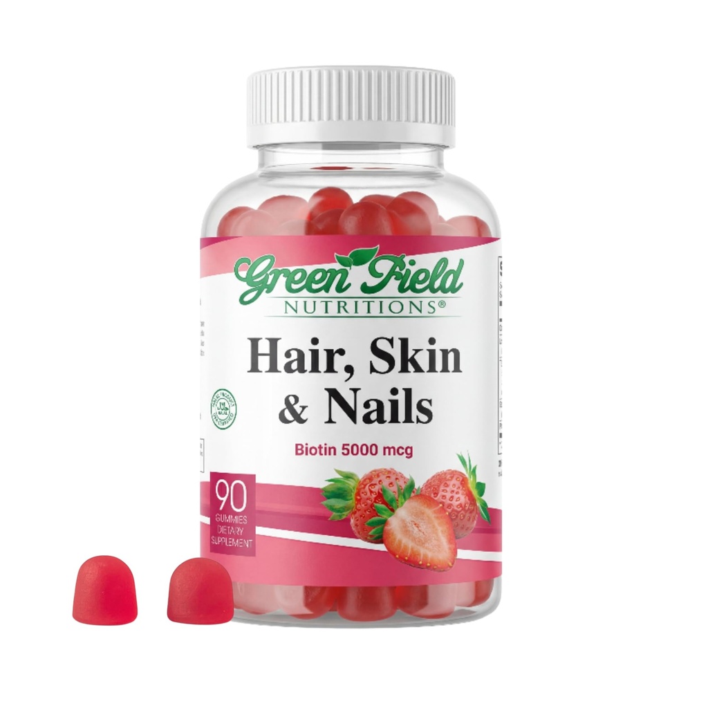 Greenfield Nutrition - 헤어, 피부 및 손톱을위한 Halal Biotin Gummies 비타민, 지방 대사, 머리 성장, 강한 손톱 및 명확한 피부, 젤라틴 무료, 비 GMO 및 글루텐 무료 - 90 Gummies