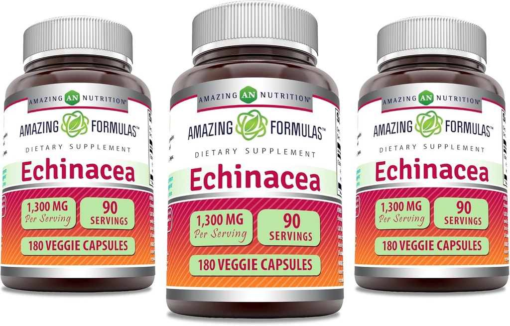 굉장한 공식 Echinacea | 1300 Mg | Veggie 캡슐 보충교재 | Non-GMO | 글루텐 프리 | 미국제(3팩 | 180개)