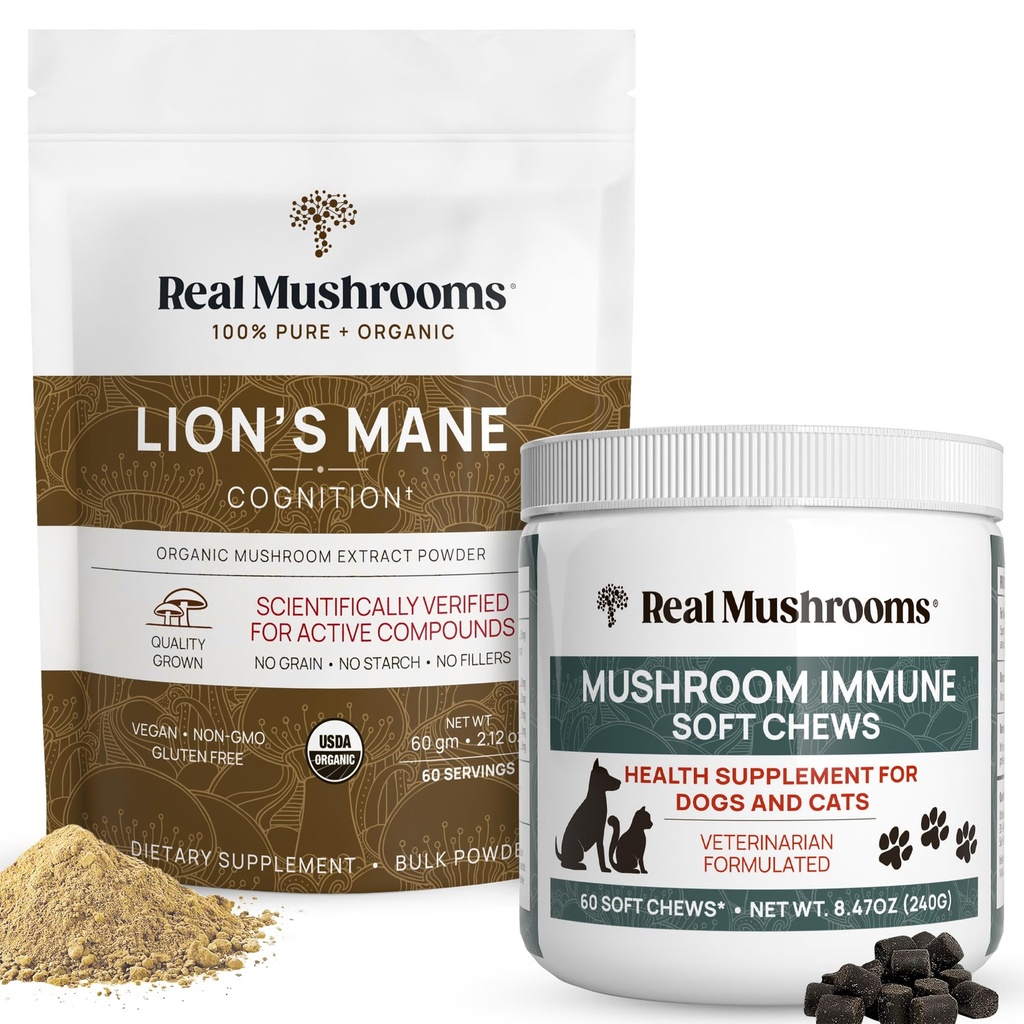 Real Mushrooms Lions Mane Powder for Humans (60g) & Mushroom Immune Pet Chews (60ct) - Cognition & Immunity의 번들 - Ashwagandha, Astragalus & More - Vegan, Non-GMO, 글루텐 프리, 곡물 무료
