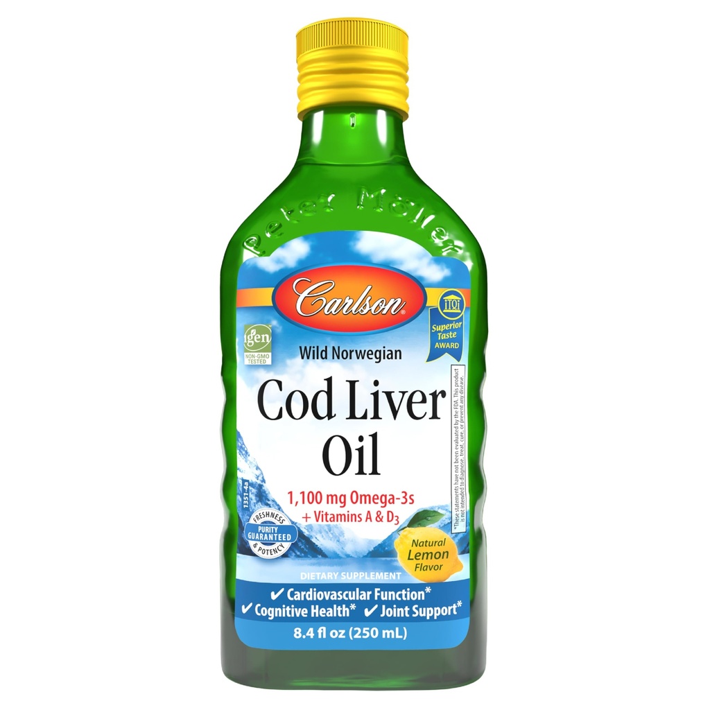Carlson - Cod Liver Oil, 1100 mg Omega-3s, Liquid Fish Oil Supplement, Wild-Caught Norwegian Arctic, 지속 가능한 Sourced Nordic Liquid, 레몬, 250 ml