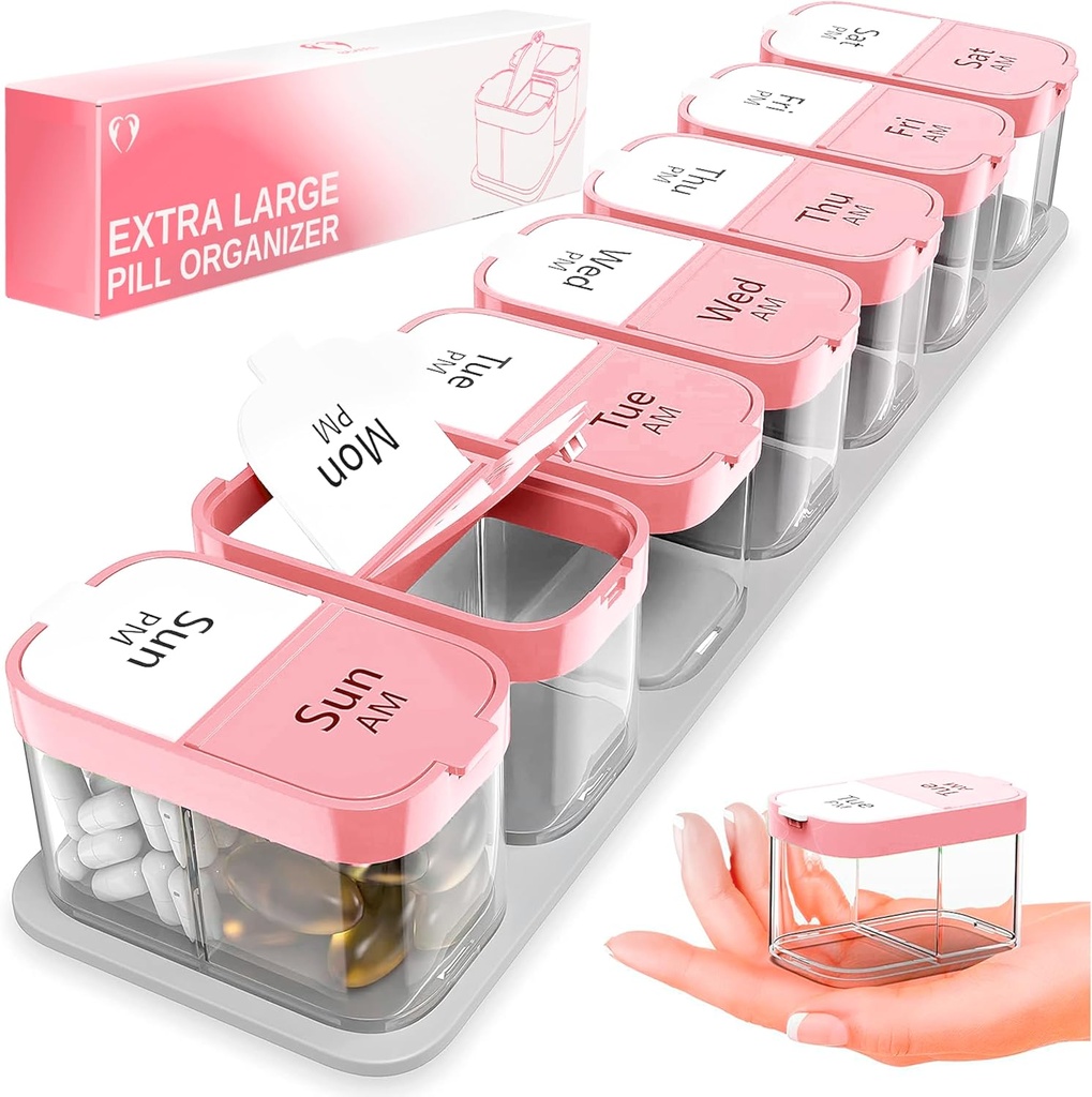 Extra Large Weekly Pill 주최자 - 7 Detachable AM PM Compartments가있는 XL 비타민 홀더 - 가정 및 여행을위한 휴대용 의학 분배기, 주간 또는 일일 사용을위한 큰 보충 용기, 핑크
