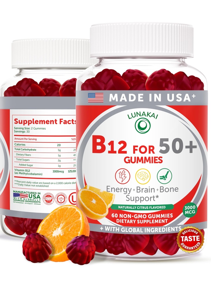 Lunakai 미국 성인 50 +, 에너지 및 활력 부스트, 맛있는 오렌지 맛, 60ct에 대한 비 GMO B12에 대한 비타민 B12 Gummies