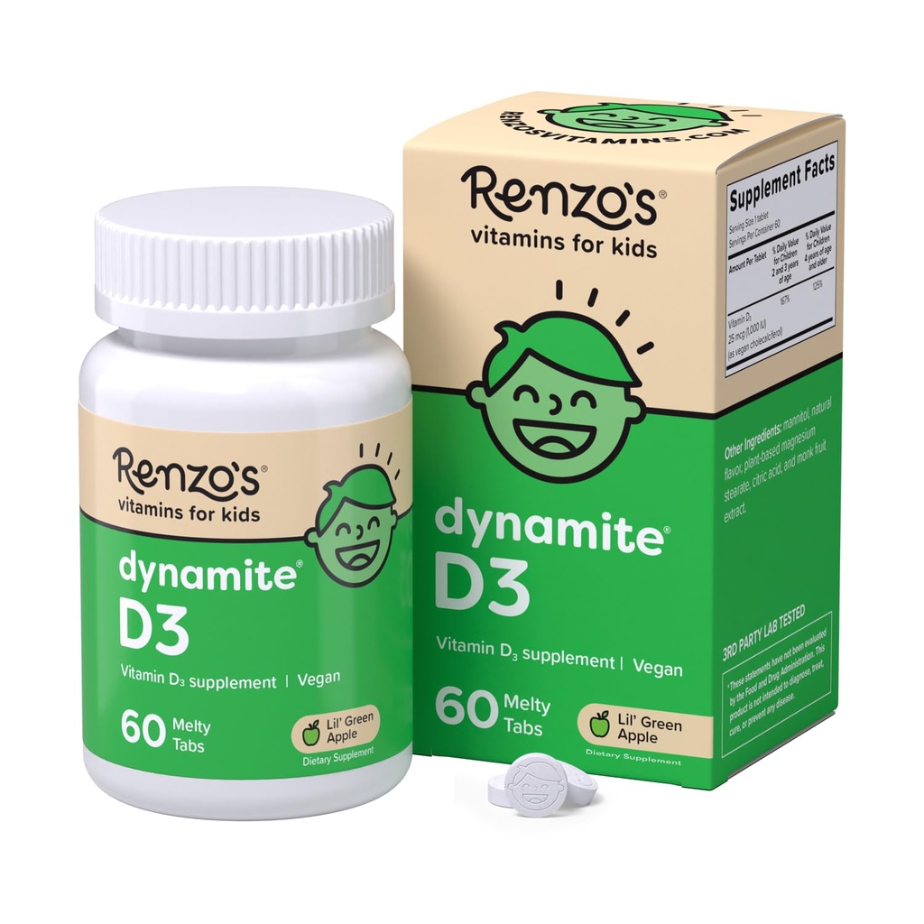 Renzo 's Dynamite 비타민 D3, 아이 비타민 D3, 60 설탕 무료 멜기 탭, Lil '그린 애플 맛