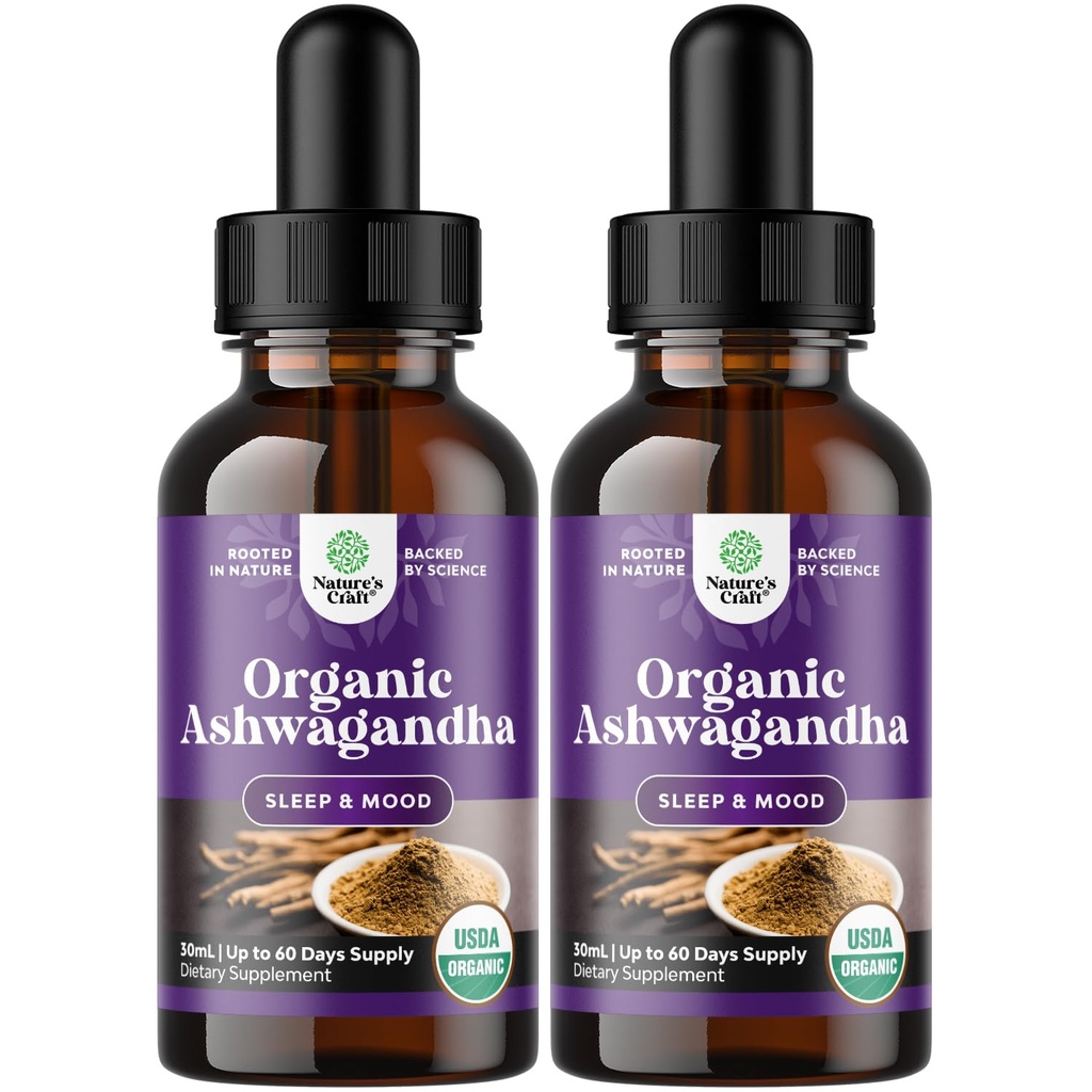 Nature Craft USDA Organic Ashwagandha Liquid Drops - 스트레스와 무드 지원을위한 액체 Ashwagandha 뿌리 추출물 - 맛있는 Adaptogenic Tincture Non GMO Vegan Gluten 알코올 및 설탕 무료 (2 팩)