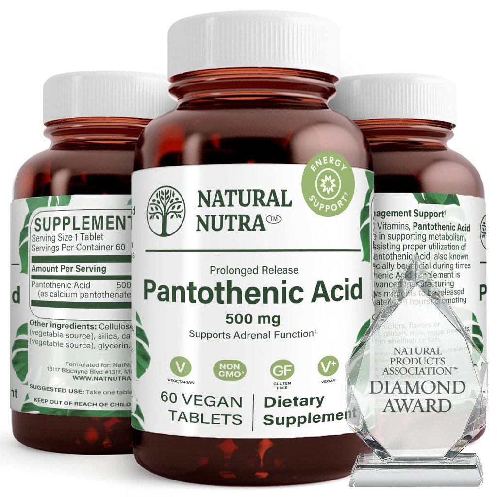 자연적인 Nutra 시간 방출 Pantothenic 산 500 mg의 비타민 B5 보충교재 도움은 뚱뚱한과 탄수화물, 대사 및 에너지, 근육 건강을 개량하고, 피부 반점, 60 채식주의자 정제를 끊습니다