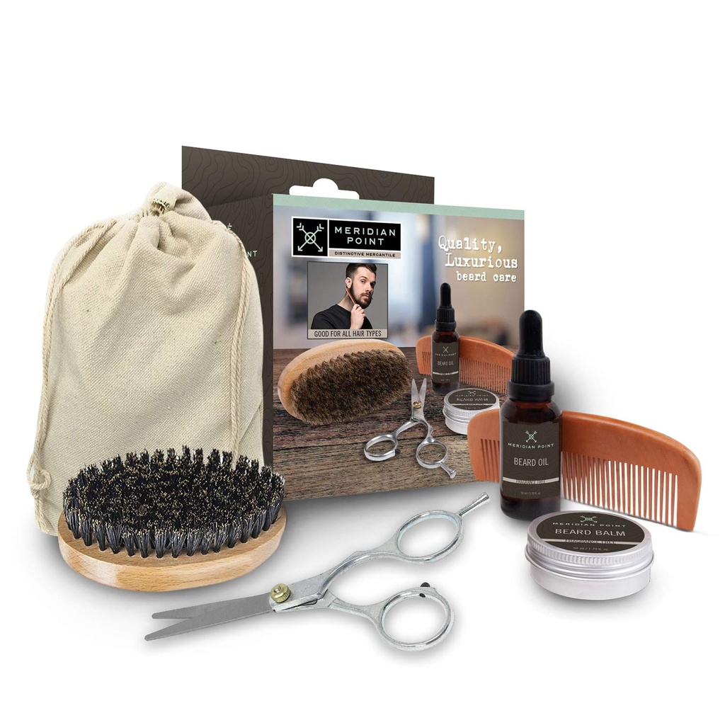 Men Beard Care Kit 용 Beard Grooming 키트에는 액세서리가 포함되어 있습니다. Unscented Natural Beard Balm 및 Oil, Wooden Comb 및 Boar Bristles Brush, 스테인레스 스틸 가위