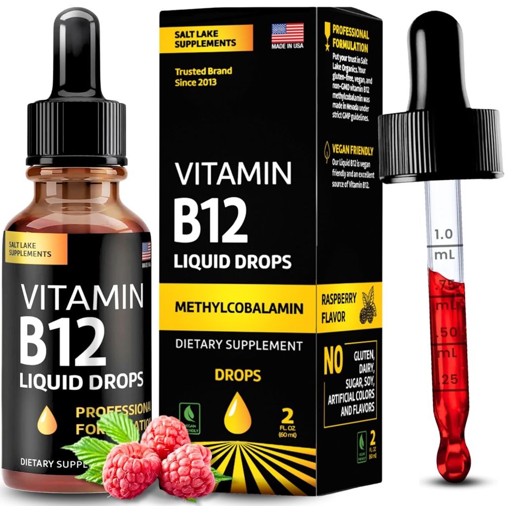 비타민 B12 액체 낙하 - Vegan B12 비타민 5000 mcg Methylcobalamin 빠른 행동 이하 언어 B Complex 액체 비타민 B2, B3, B6 - 비 GMO, Dairy, Soy & Sugar, 라즈베리 맛, 2 fl. oz.