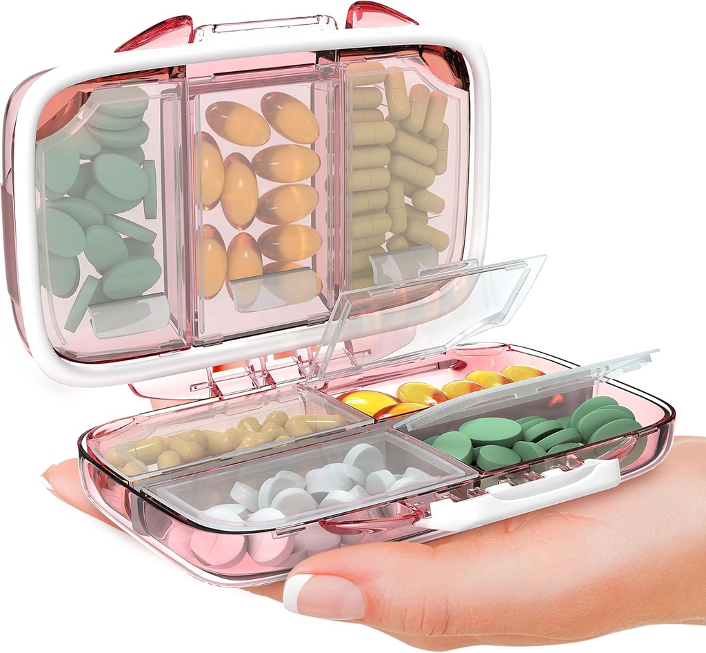 Travel Pill 주최자 - 7 Compartments, Compact Supplement Case for Purse Essential Medicine Kit fot Traveling Pocket Pharmacy with Labels, Pink를 사용한 방습 휴대용 비타민 홀더
