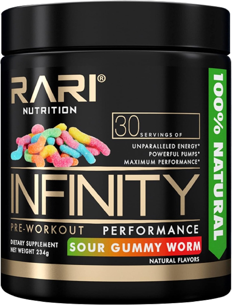 INFINITY - 에너지, 초점 및 성능을위한 100 % 천연 운동 분말 - 남성 및 여성 - Vegan 및 Keto Friendly - Creatine 없음 - 30 서빙 (Sour Gummy Worm)