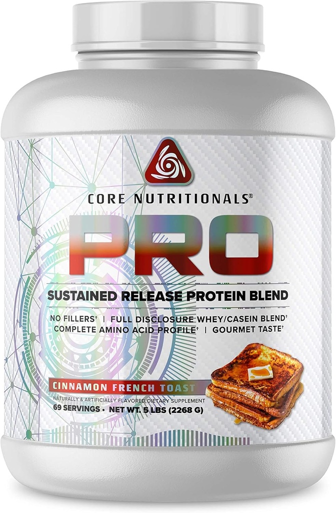Core Nutritionals Pro Sustained Release Whey Protein Blend | Digestive Enzymes | 25g Protein, 2g Carbs | No Fillers | 5 파운드 (Cinnamon French Toast)