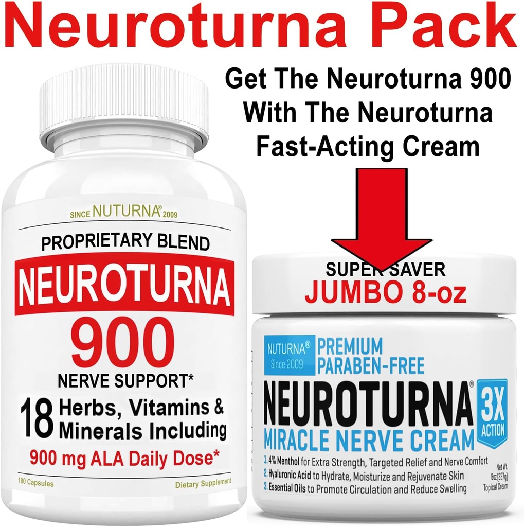 Nerve 기복 크림 8개 oz 플러스 Neuroturna Nerve 지원 900 mg ALA 지원