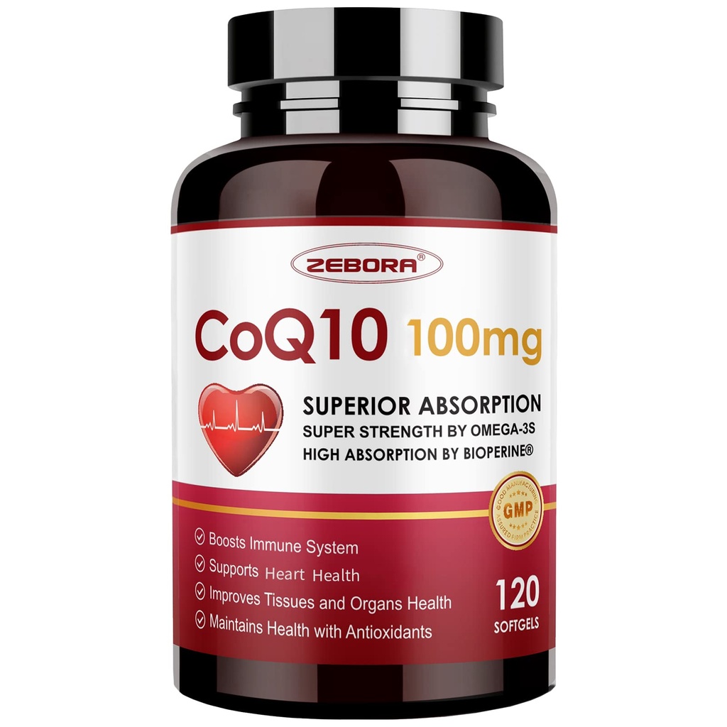 PQQ, BioPerine & Omega-3를 가진 ZEBORA CoQ10-100mg-Softgels, 높은 흡수 Coenzyme Q10 보충교재, 강력한 산화 방지제, 지원 심장 & 에너지 생산 120의 서빙, 비 GMO