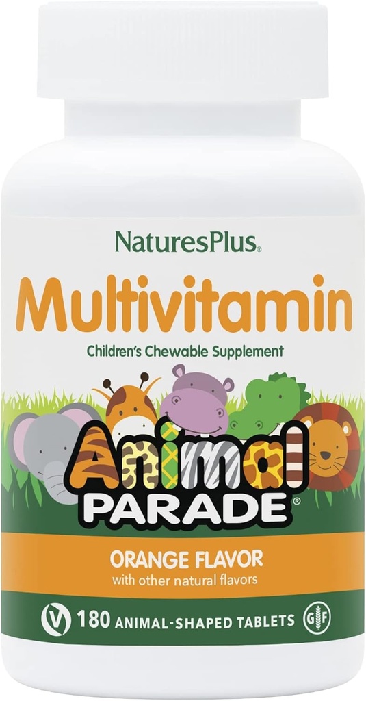 Natures Plus Animal Parade Children's Chewable Multivitamin - 오렌지 맛 - 180 동물 모양 정제 - 건강 및 웰빙 촉진 - 채식주의, 글루텐 무료 - 90 서빙