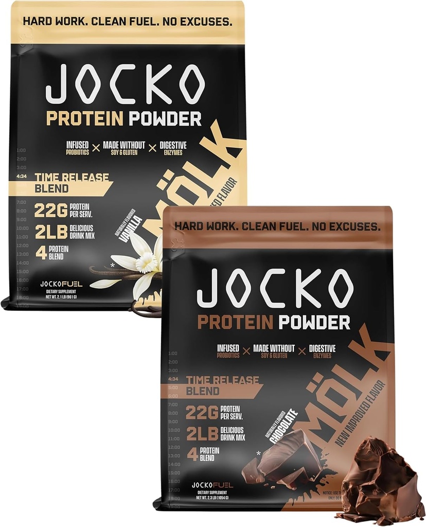 Jocko 연료 단백질 2 팩 번들 - Jocko Mölk 초콜릿 + 바닐라 (2 맛) (2lb 각각)