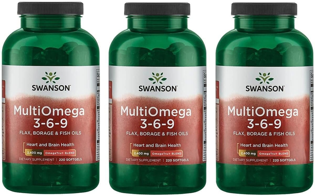 Swanson MultiOmega 3-6-9 - 비 GMO Flax Oil, Borage Oil, '&' Fish Oil Capsules - 심혈관 건강 '&' 두뇌 건강 지원 - (220 Softgels, 2400mg 서빙) 3 병
