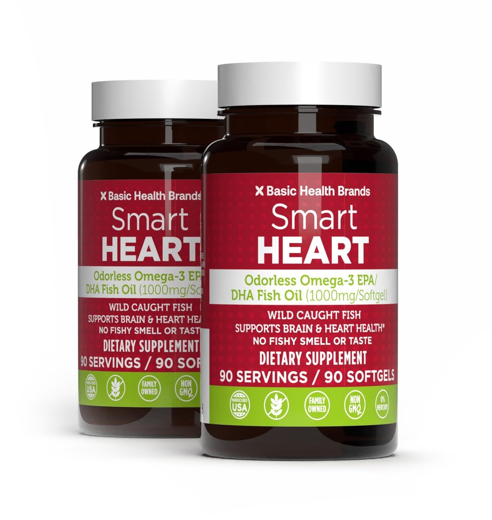 기본적인 상표 똑똑한 심장 무취 Omega-3 물고기 기름 1000mg - 3배 힘 EPA & DHA, 비 GMO, 심장 & 인지 지원 - 90 Burpless Softgels - 2-Pack